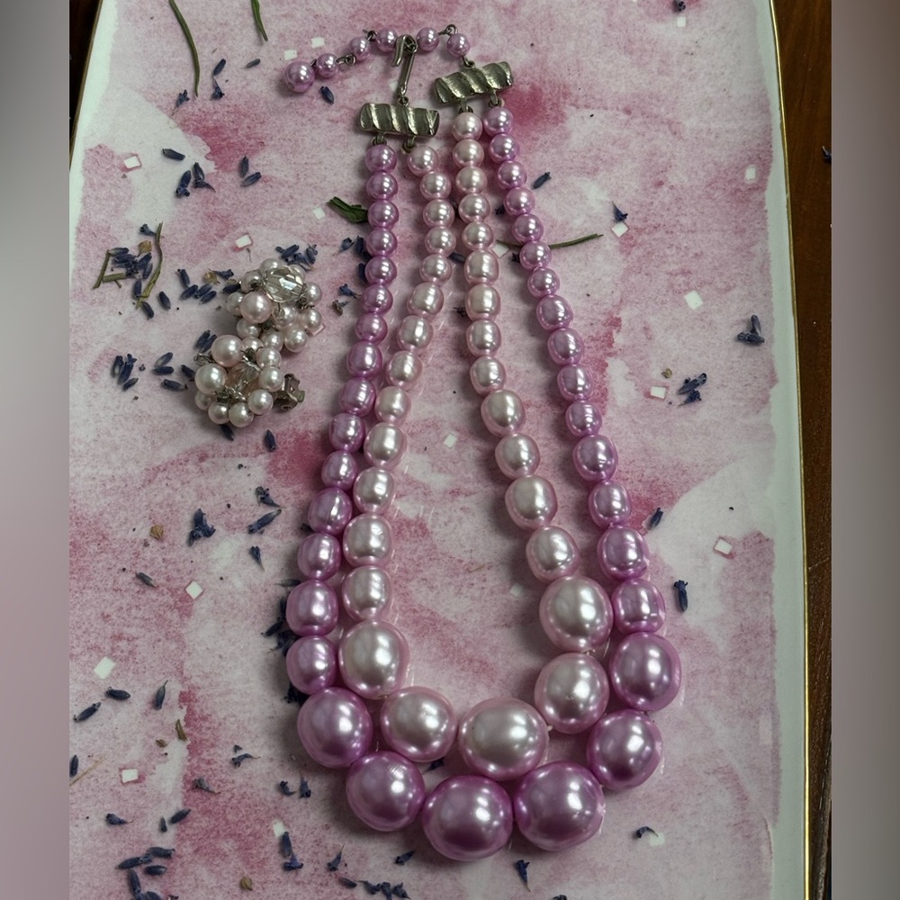 Vintage Beaded Necklace and Earrings Pink Japan